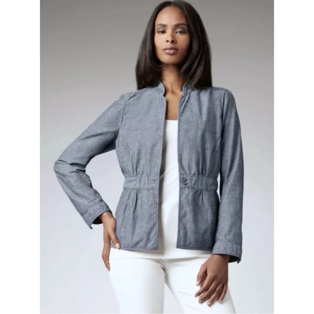 Eileen Fisher 100% Cotton Chambray Cropped Stand Collar Long Sleeve Jacket M